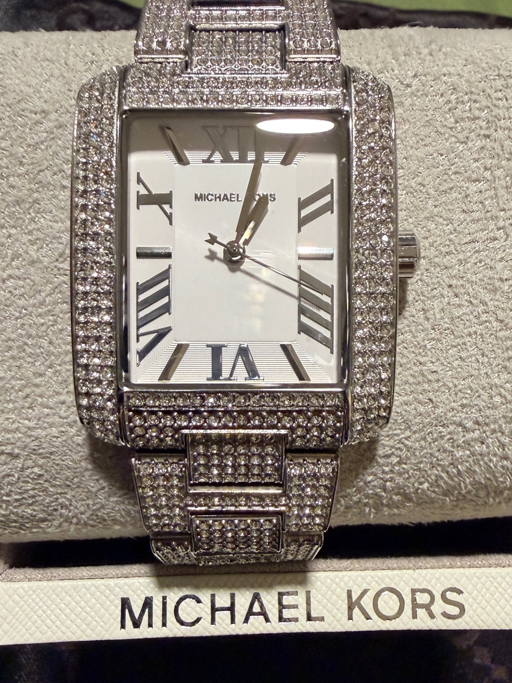 Michael Kors Emery Silver Pavé Rectangular Bracelet Watch NWT extra links.